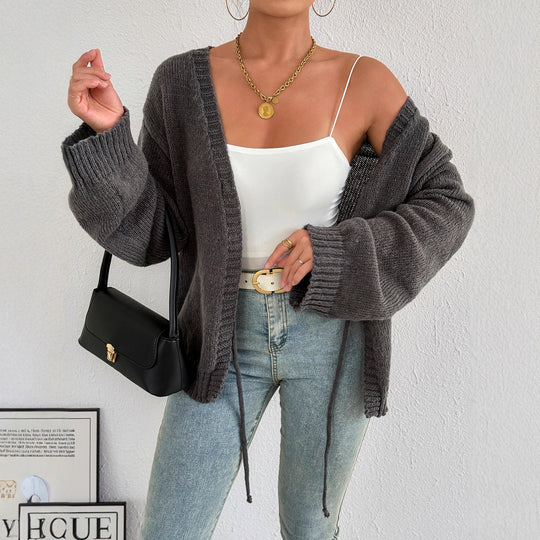 Damen gemütlicher Strickcardigan mit modernem Bindeband R&B