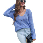 Damen Luftiger Strickpullover mit V-Ausschnitt und auffälligem Lochmuster R&B