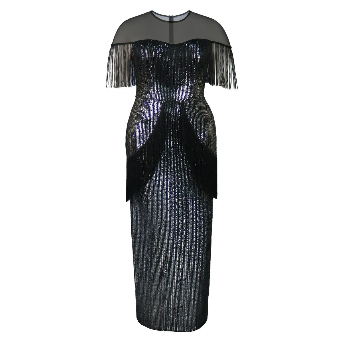Damen Glitzerndes Abendkleid mit Fransen und transparentem Oberteil R&B