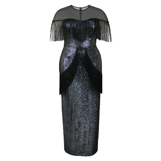 Damen Glitzerndes Abendkleid mit Fransen und transparentem Oberteil R&B