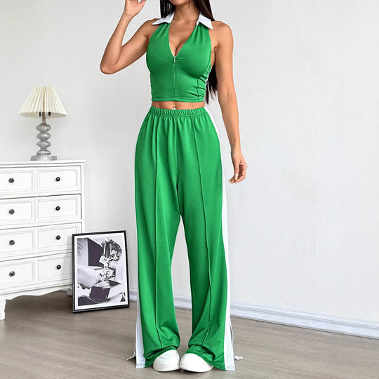 Damen Zweiteiliges Set mit cropped Oberteil und weit geschnittener Hose R&B