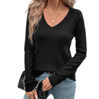 Damen V-Ausschnitt Pullover mit Rippstruktur und langen Ärmeln R&B