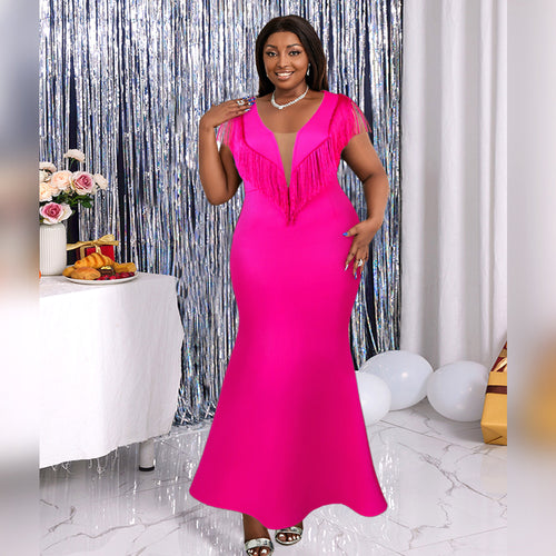 Damen Abendkleid mit schimmernden Fransen und tiefem V-Ausschnitt R&B