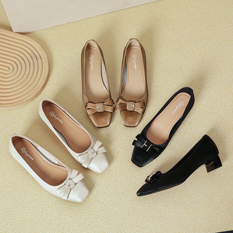 Damen elegante Ballerinas mit modischer Schleife und komfortablem Blockabsatz