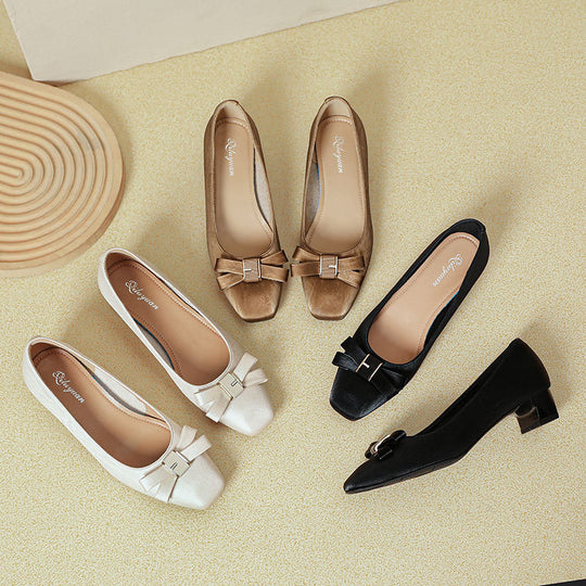 Damen elegante Ballerinas mit modischer Schleife und komfortablem Blockabsatz R&B