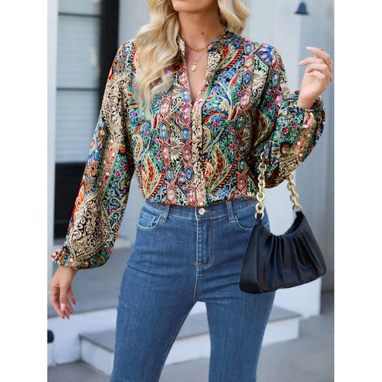 Damen elegante Bluse mit buntem Print und extravaganten Puffärmeln R&B