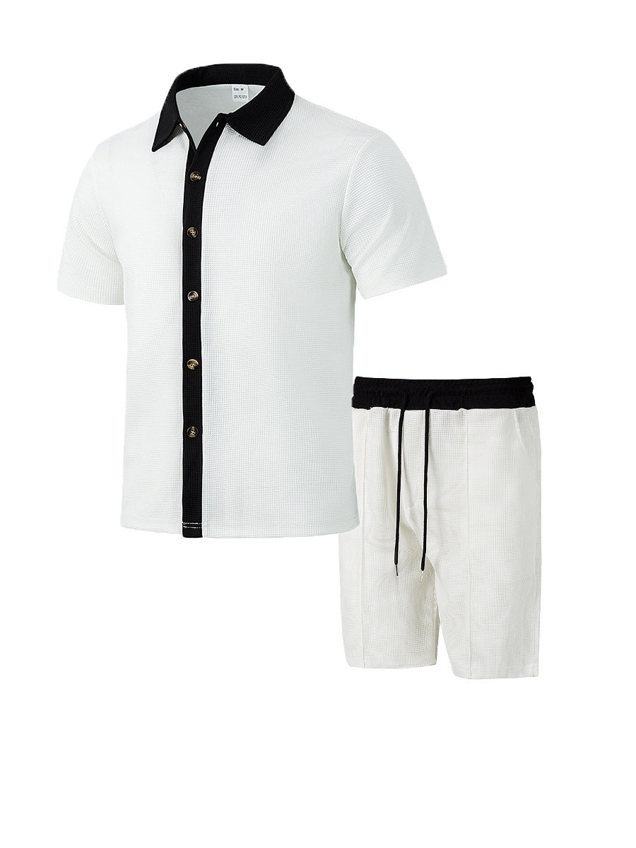 Herren nan modernes Freizeit-Set aus feinem Strukturjersey mit Hemdkragen-Knopfleiste und Kordel-Shorts R&B