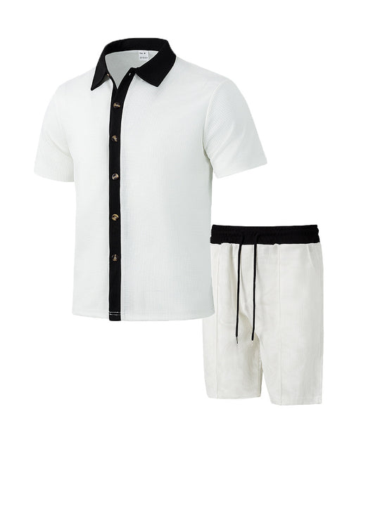 Herren nan modernes Freizeit-Set aus feinem Strukturjersey mit Hemdkragen-Knopfleiste und Kordel-Shorts R&B