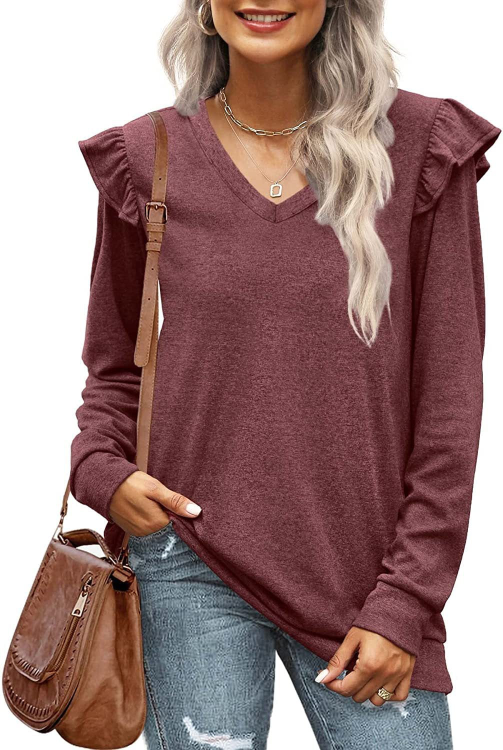 Damen V-Ausschnitt Langarmshirt mit Rüschendetails und lockerem Schnitt R&B