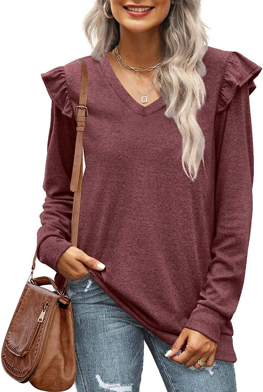Damen V-Ausschnitt Langarmshirt mit Rüschendetails und lockerem Schnitt R&B