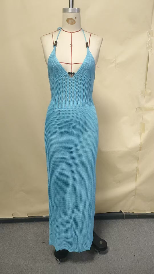 Damen gehäkeltes Strandkleid mit tiefem V-Ausschnitt und herausragenden Details R&B