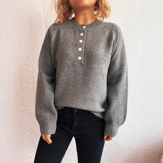 Damen gemütlicher Strickpullover mit Knopfdetails R&B