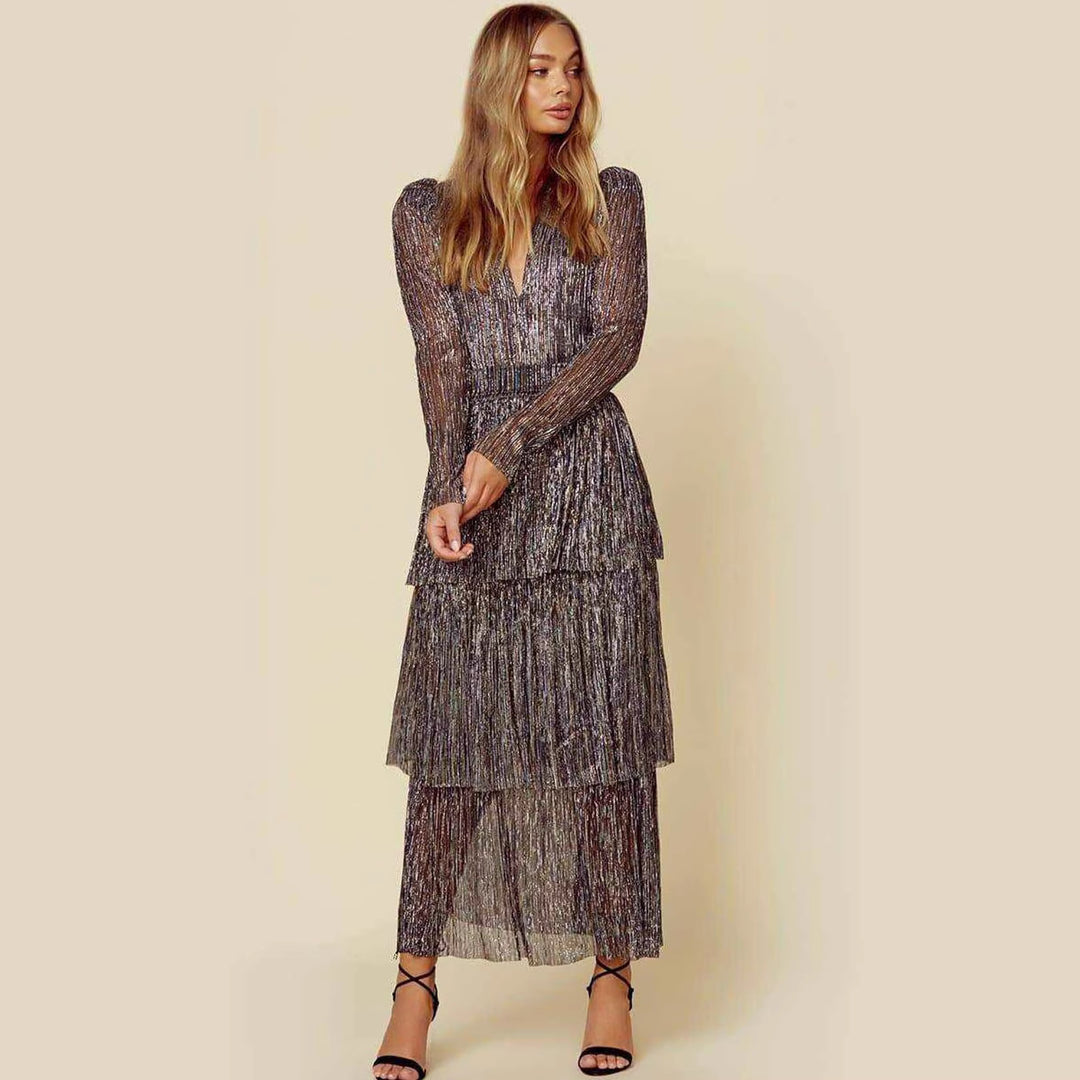Damen Glamouröses Abendkleid mit schillernden Lagen und V-Ausschnitt R&B