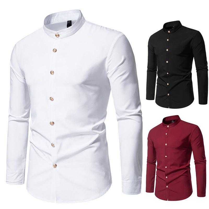 Herren Langarmhemd mit modernem Stehkragen und eleganten Knopfdetails R&B