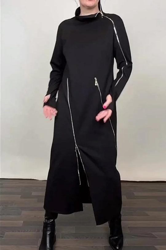 Damen nan langes Strickkleid mit asymmetrischen Metallreißverschlüssen und Frontschlitz R&B