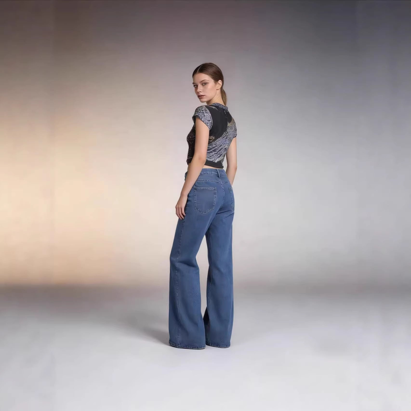 Damen Weite Jeans mit hohem Bund und Falten
