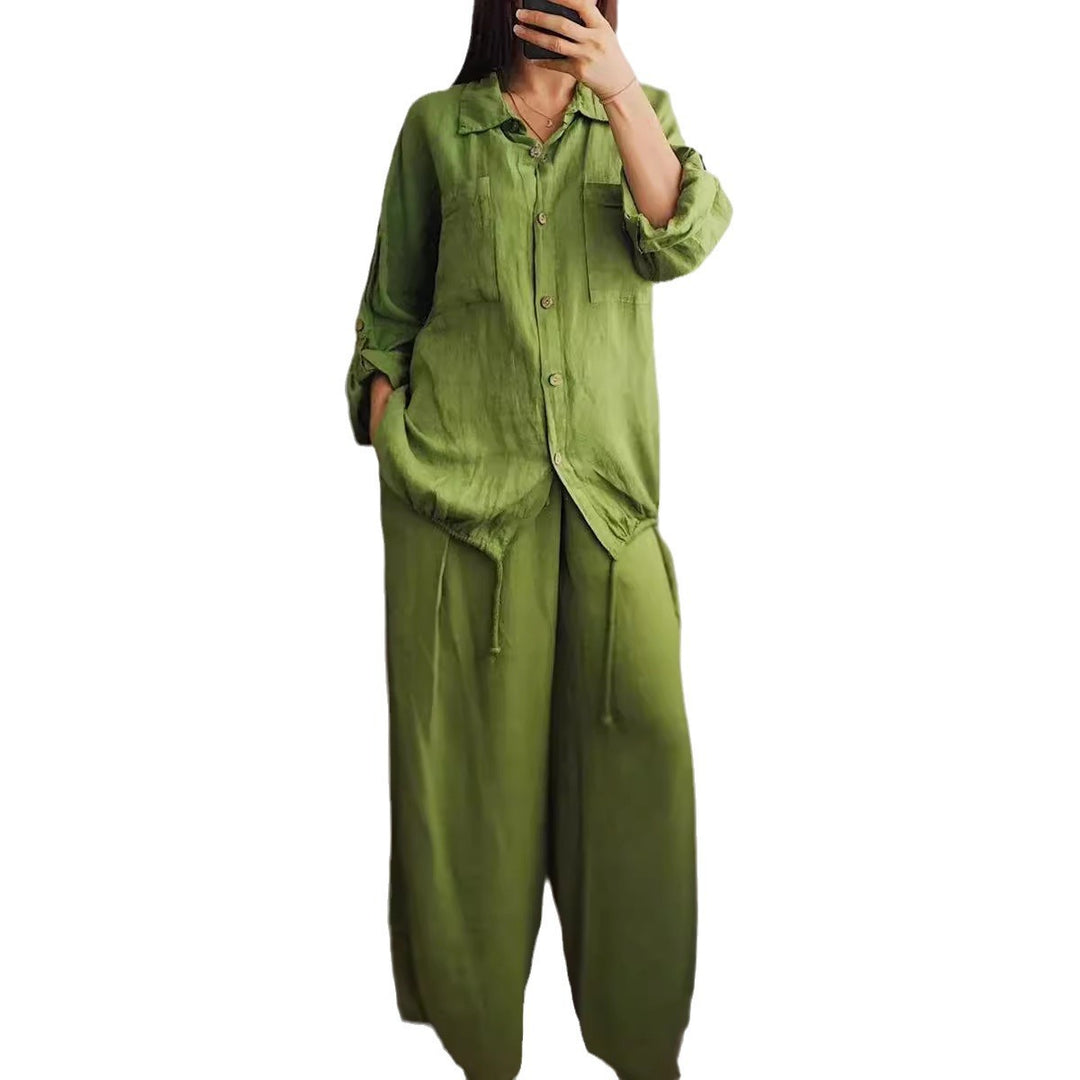 Damen Leinen-Set mit weiten Hosen undlässiger Bluse R&B