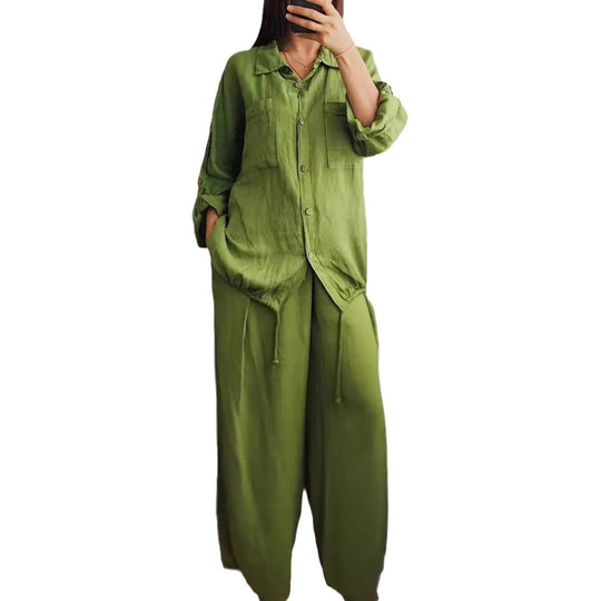 Damen Leinen-Set mit weiten Hosen undlässiger Bluse R&B