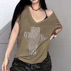 Damen stylisches Oversized T-Shirt mit Kreuz-Print und Glitzerdetails R&B