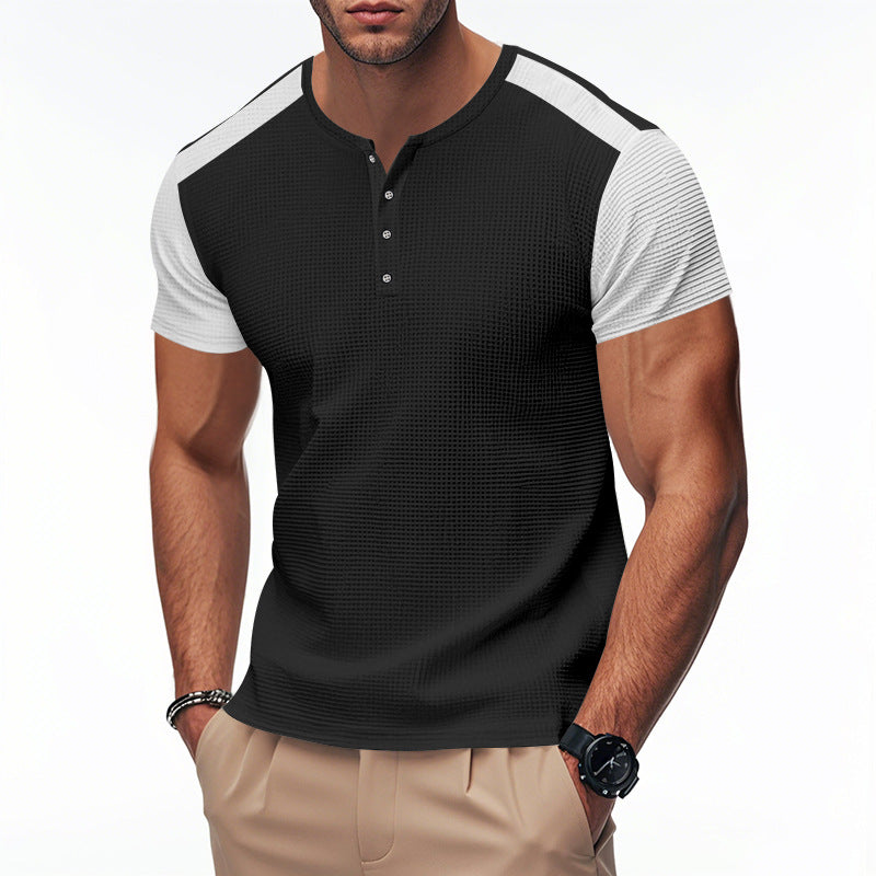 Herren Kurzarm-Henley-T-Shirt mit strukturierter Oberfläche und dezenter Knopfleiste R&B