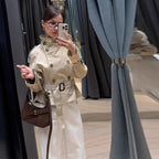 Damen trendige Kurzjacke im modernen Trenchcoat-Stil mit breitem Kragen und Taillengürtel R&B