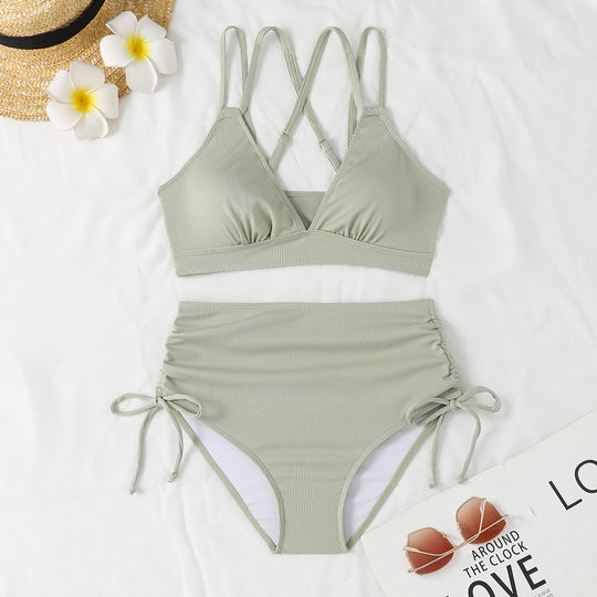 Damen Bikini-Set mit verstellbarem Kreuzträger und hoch geschnittenem Höschen R&B