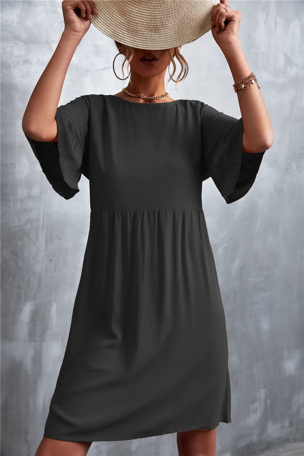 Damen Freizeitkleid mit weit ausgestellten Ärmeln und elastischem Taillenbund R&B