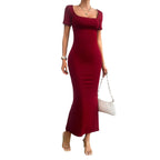 Damen figurbetontes Maxikleid mit quadratischem Ausschnitt und kurzen Ärmeln R&B
