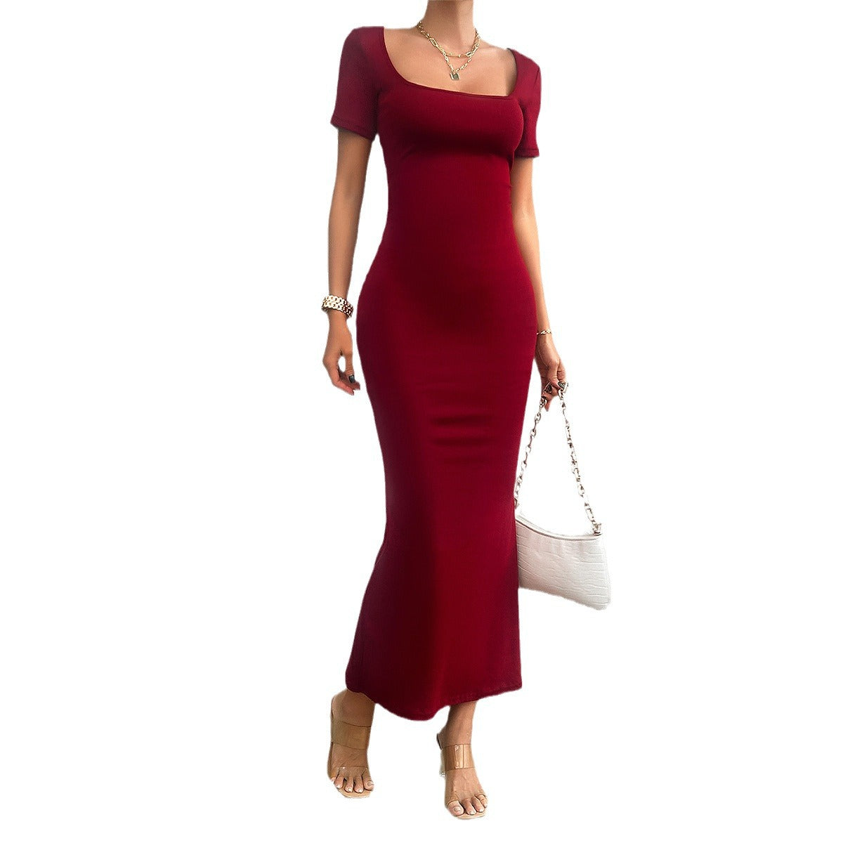 Damen figurbetontes Maxikleid mit quadratischem Ausschnitt und kurzen Ärmeln R&B