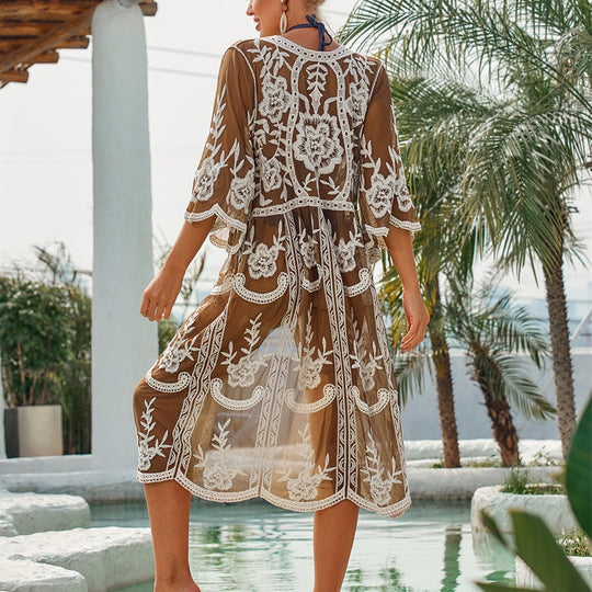 Damen elegante Häkel-Strandrobe mit voluminösen Ärmeln und floralem Design R&B