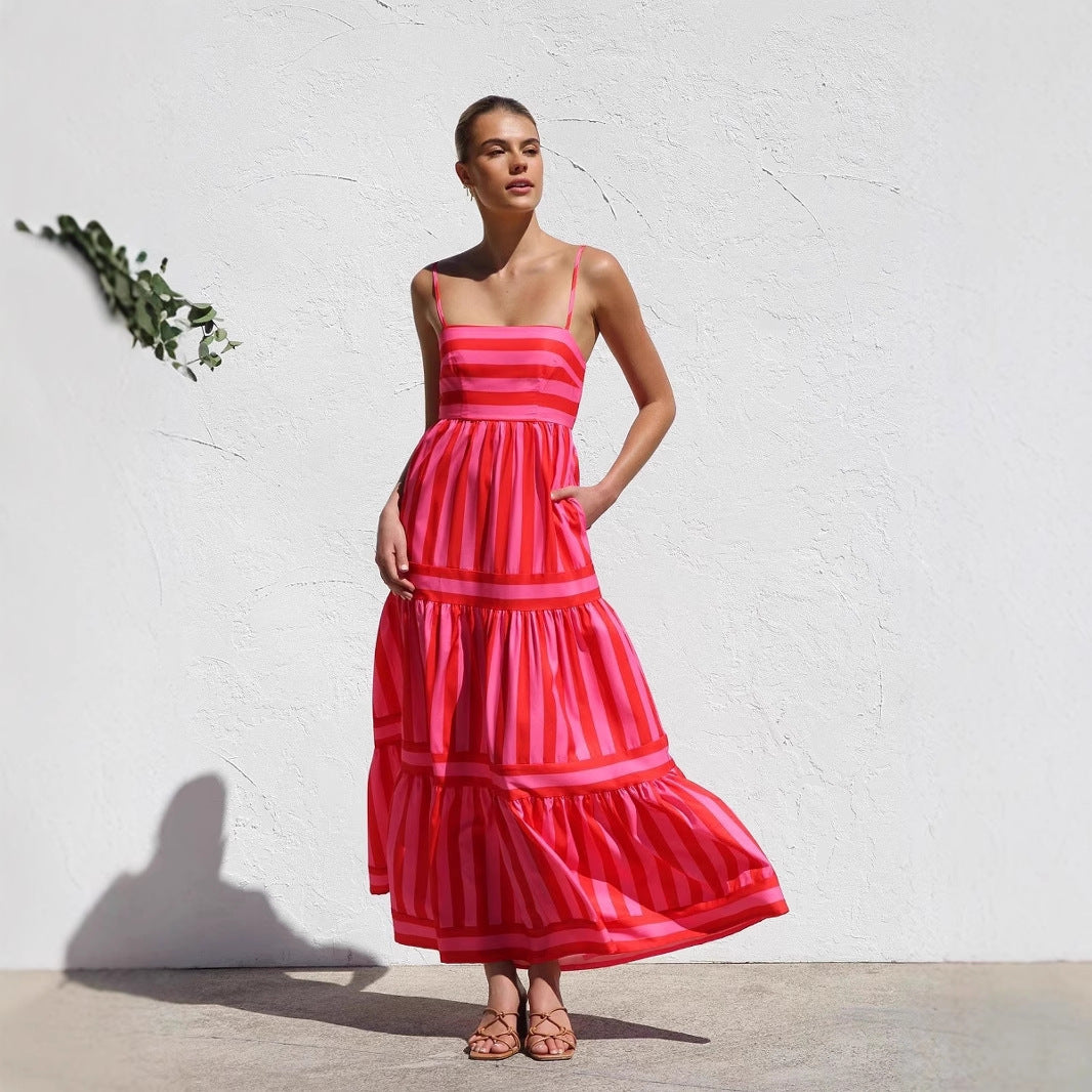 Damen Maxikleid mit Streifenmuster und fließendem Rock R&B