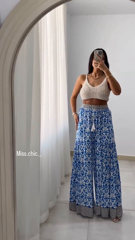 Damen weite Baumwollhose mit eingezogenem Gummibund und modernen Mustern R&B