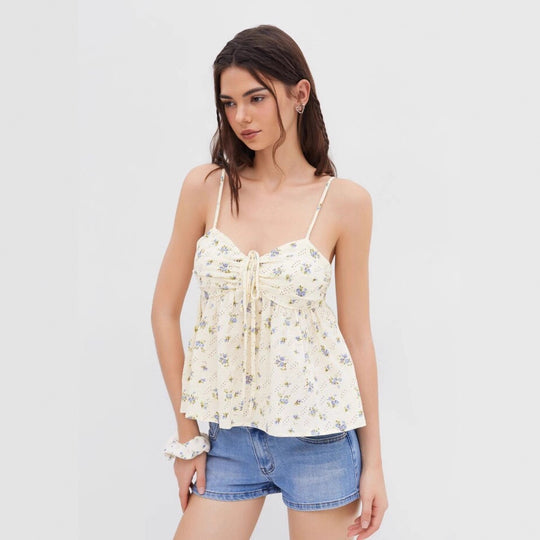 Damen blumiges Sommeroberteil mit dekorativem Kordelzug R&B