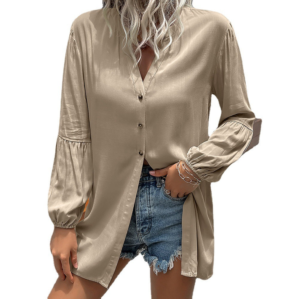 Damen lässige Bluse mit V-Ausschnitt und Ballonärmeln R&B
