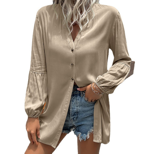 Damen lässige Bluse mit V-Ausschnitt und Ballonärmeln R&B