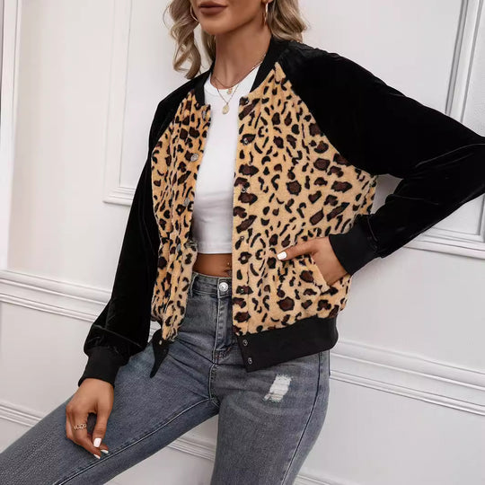 Damen elegante Bomberjacke mit Leopardenmuster und Veloursbesatz R&B