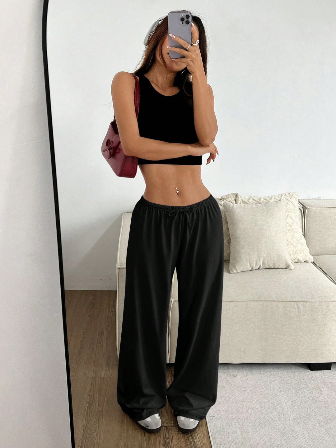Damen lässiges Cropped-Oberteil und weite Hose Set R&B