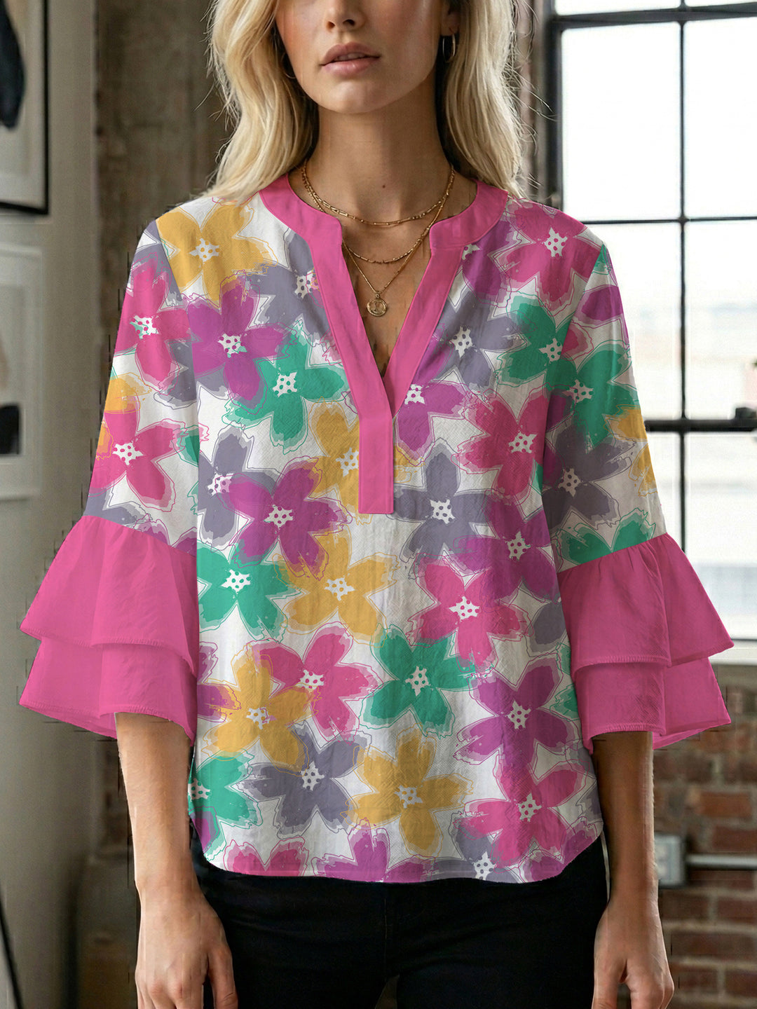 Damen Bluse mit voluminösen Ärmeln und floralem Design R&B