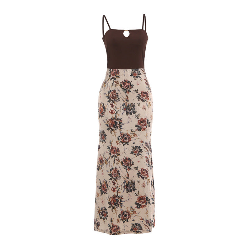 Damen Maxi-Kleid mit modischem Blumenmuster und schmalen Spaghettiträgern R&B