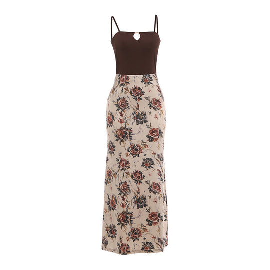 Damen Maxi-Kleid mit modischem Blumenmuster und schmalen Spaghettiträgern R&B