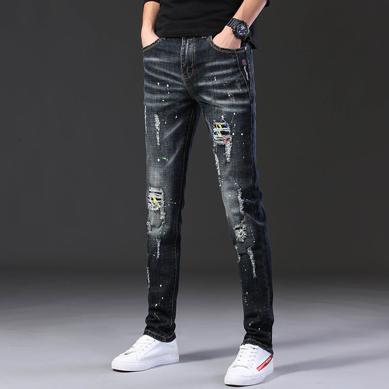 Herren Slim Fit Jeans mit kreativen Rissdesign und Farbklecksen R&B
