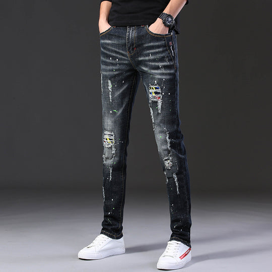 Herren Slim Fit Jeans mit kreativen Rissdesign und Farbklecksen R&B