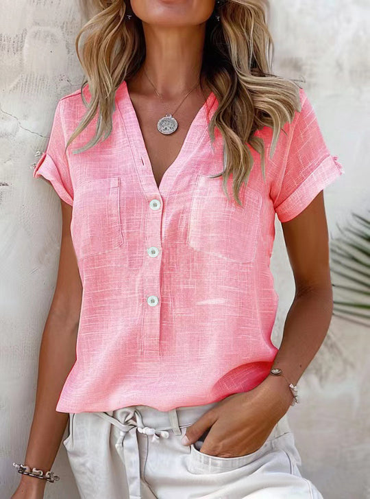 Damen Kurzarm Leinenbluse mit Knopfdetails R&B