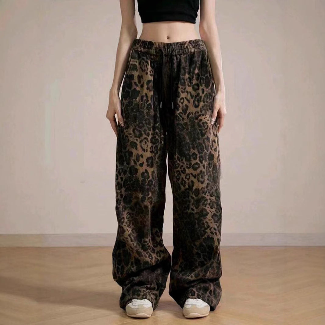 Damen Weite Leopard-Hose mit elastischem Bund und seitlichen Taschen R&B