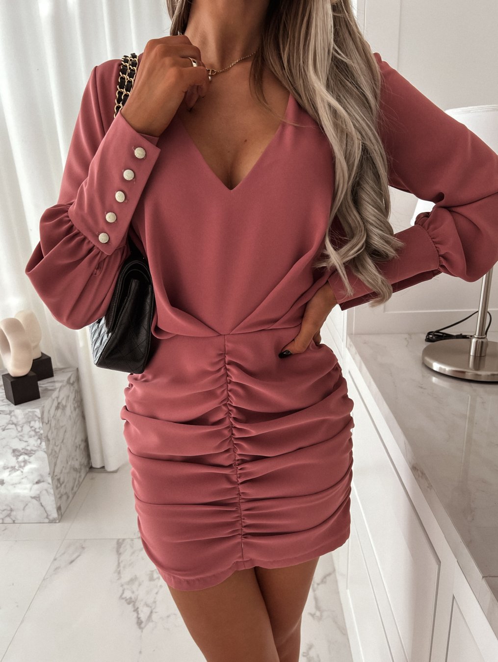 Damen Elegantes V-Ausschnitt Raffung Mini Kleid R&B