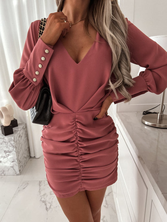 Damen Elegantes V-Ausschnitt Raffung Mini Kleid R&B