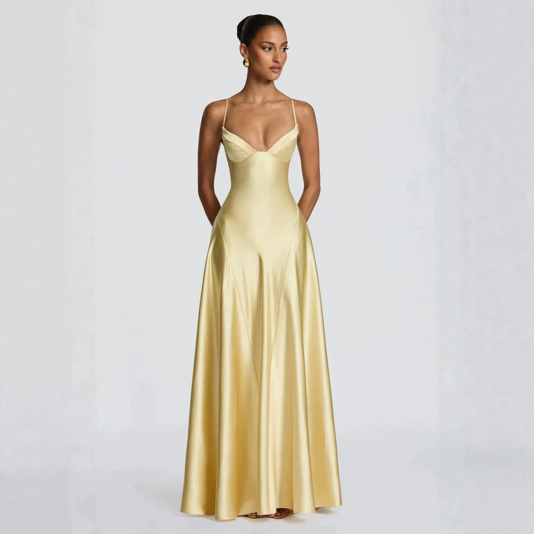 Damen elegantes Satin-Maxikleid mit raffinierten Spaghettiträgern R&B