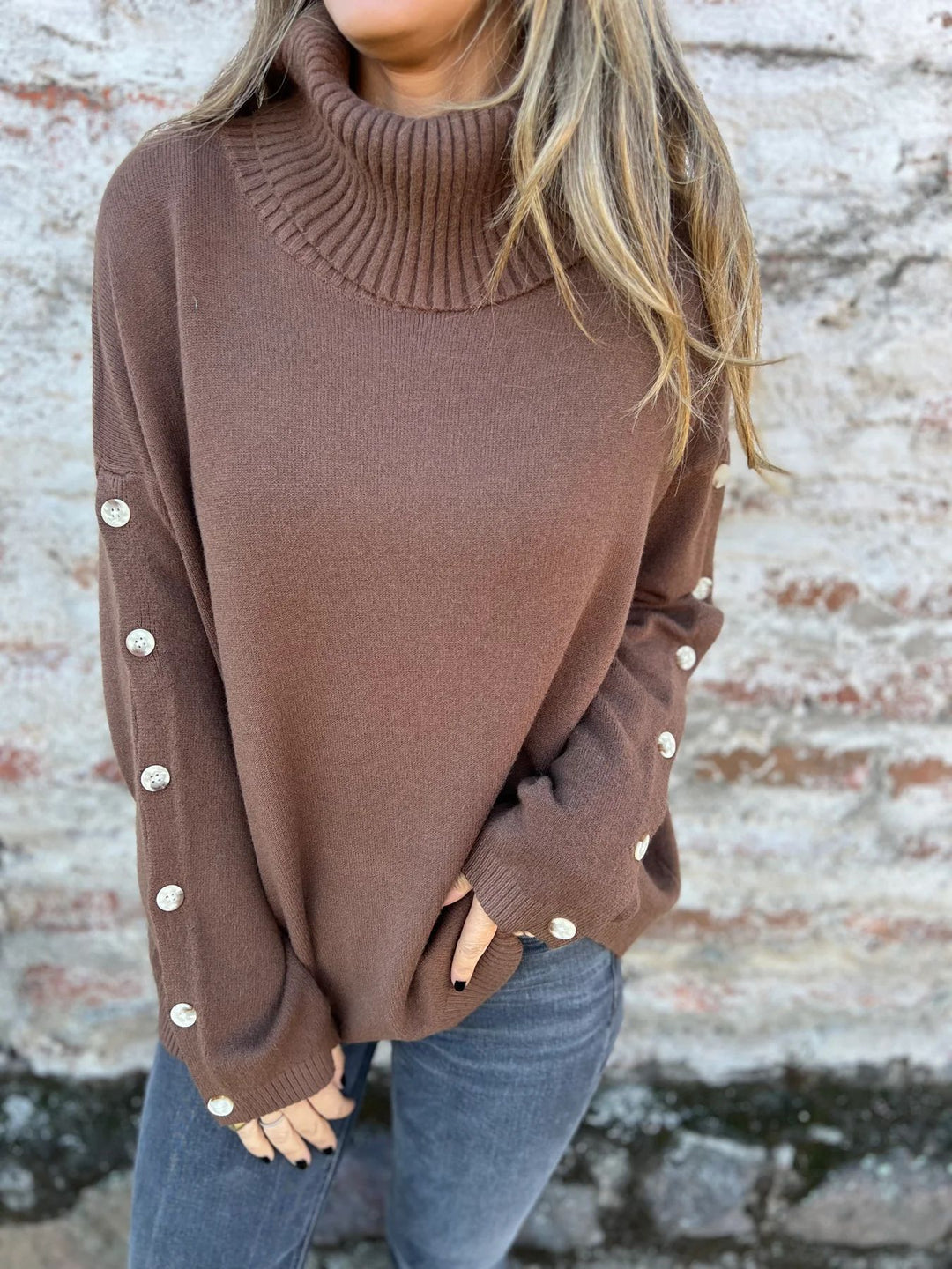 Damen kuscheliger Rollkragenpullover mit dekorativen Knöpfen R&B