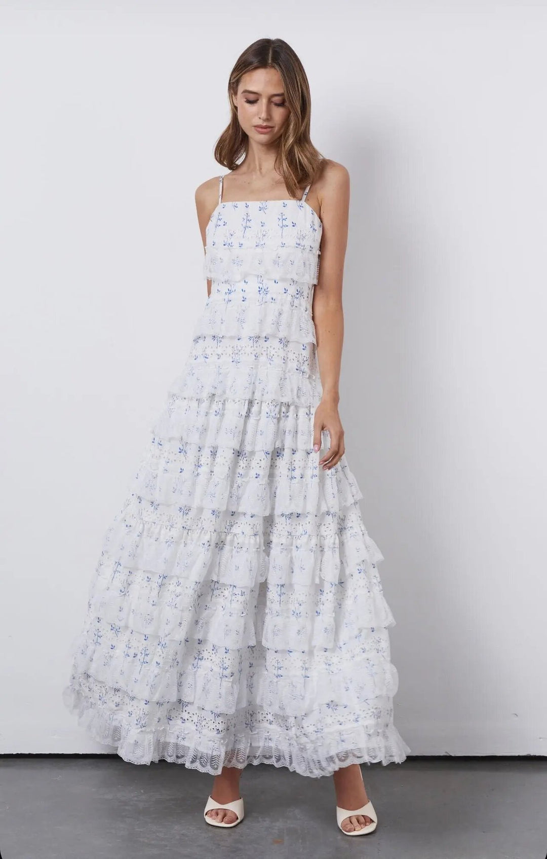 Damen Maxikleid mit floralen Rüschendetails und Spaghettiträgern R&B