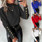 Damen elegante Bluse mit Puffärmeln und goldenen Knopfdetails R&B